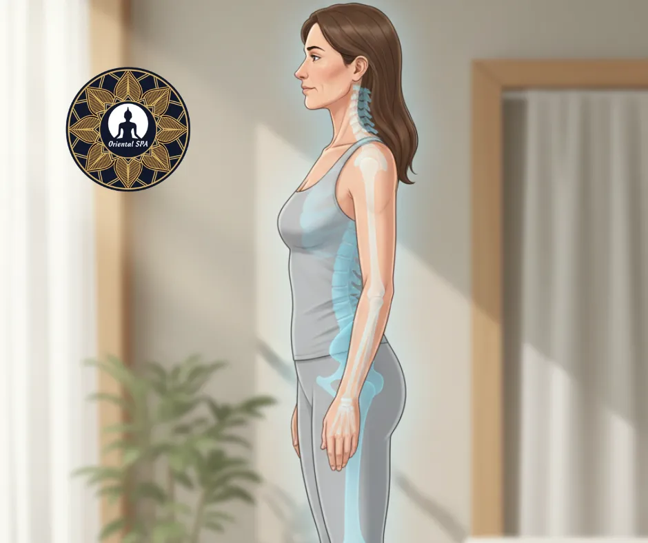 Płaskostopie i zła postawa ciała u kobiety w profilu, z zaznaczonym kręgosłupem, pokazujące wpływ postawy na zmarszczki i starzenie się twarzy.