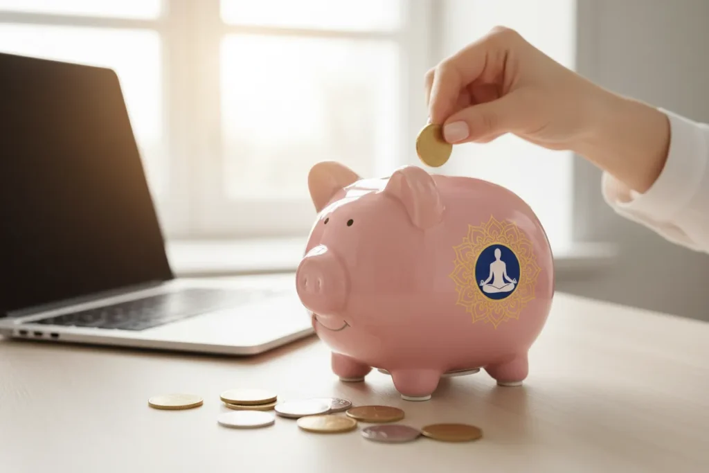 Różowa skarbonka z mandalowym logo w stylu Oriental SPA i dłoń wrzucająca monetę, symbolizująca oszczędności i dofinansowania na kursy masażu