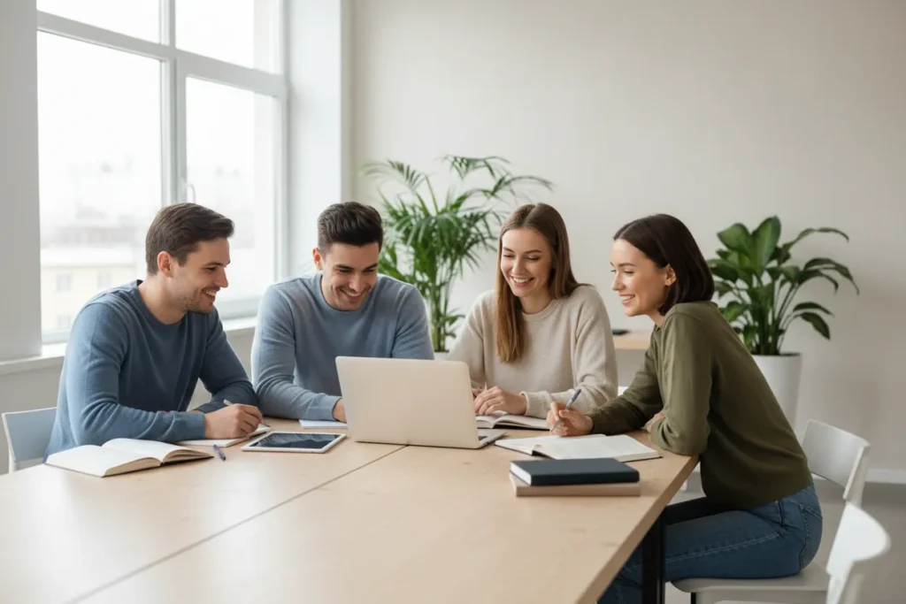Grupa uśmiechniętych młodych osób siedzi przy stole i wspólnie patrzy na ekran laptopa, zapisując się na kursy masażu dla początkujących w Akademii Oriental SPA