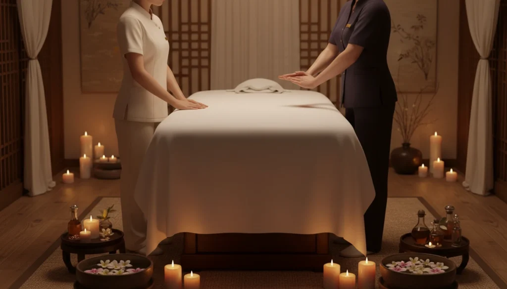 Mentoring w zawodzie masażysty – instruktor i kursant przy stole do masażu w orientalnym gabinecie, bez widocznych twarzy, nauka techniki masażu w spokojnej atmosferze.