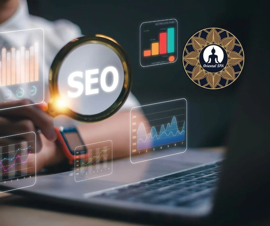 Grafika przedstawiająca lupę z napisem SEO, wykresy analityczne i logo Akademii Oriental SPA – symbolizuje darmową promocję i marketing dla absolwentów kursów masażu