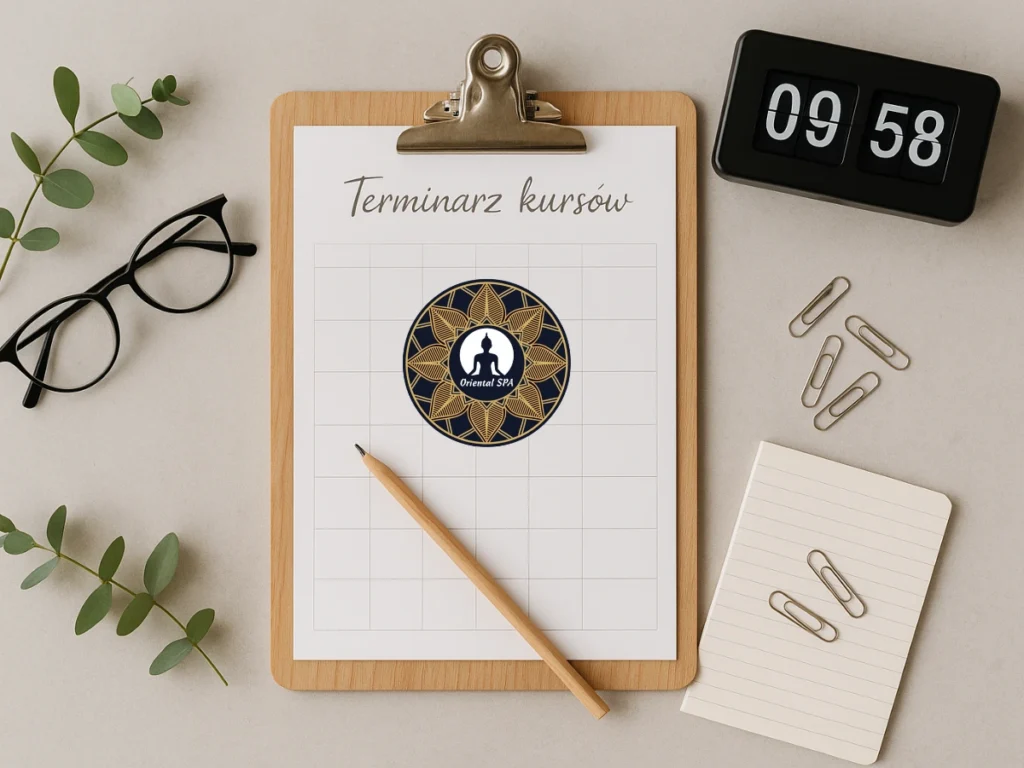 Estetyczny terminarz kursów masażu na drewnianym clipboardzie z logo Akademii Oriental SPA pośrodku, otoczony okularami, zegarem i spinaczami na jasnym biurku
