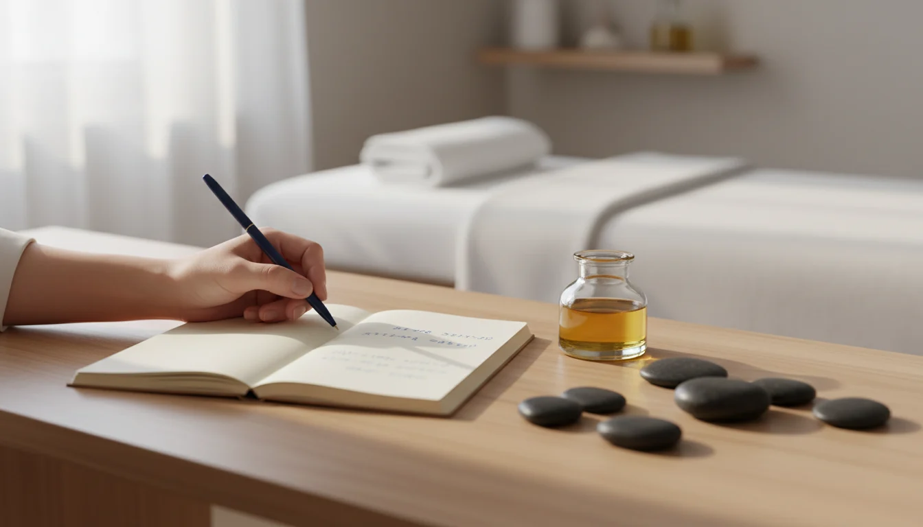 Masażysta planujący cennik usług w gabinecie: dłonie z długopisem nad notatnikiem z obliczeniami, obok olejek do masażu i kamienie bazaltowe na drewnianym biurku.