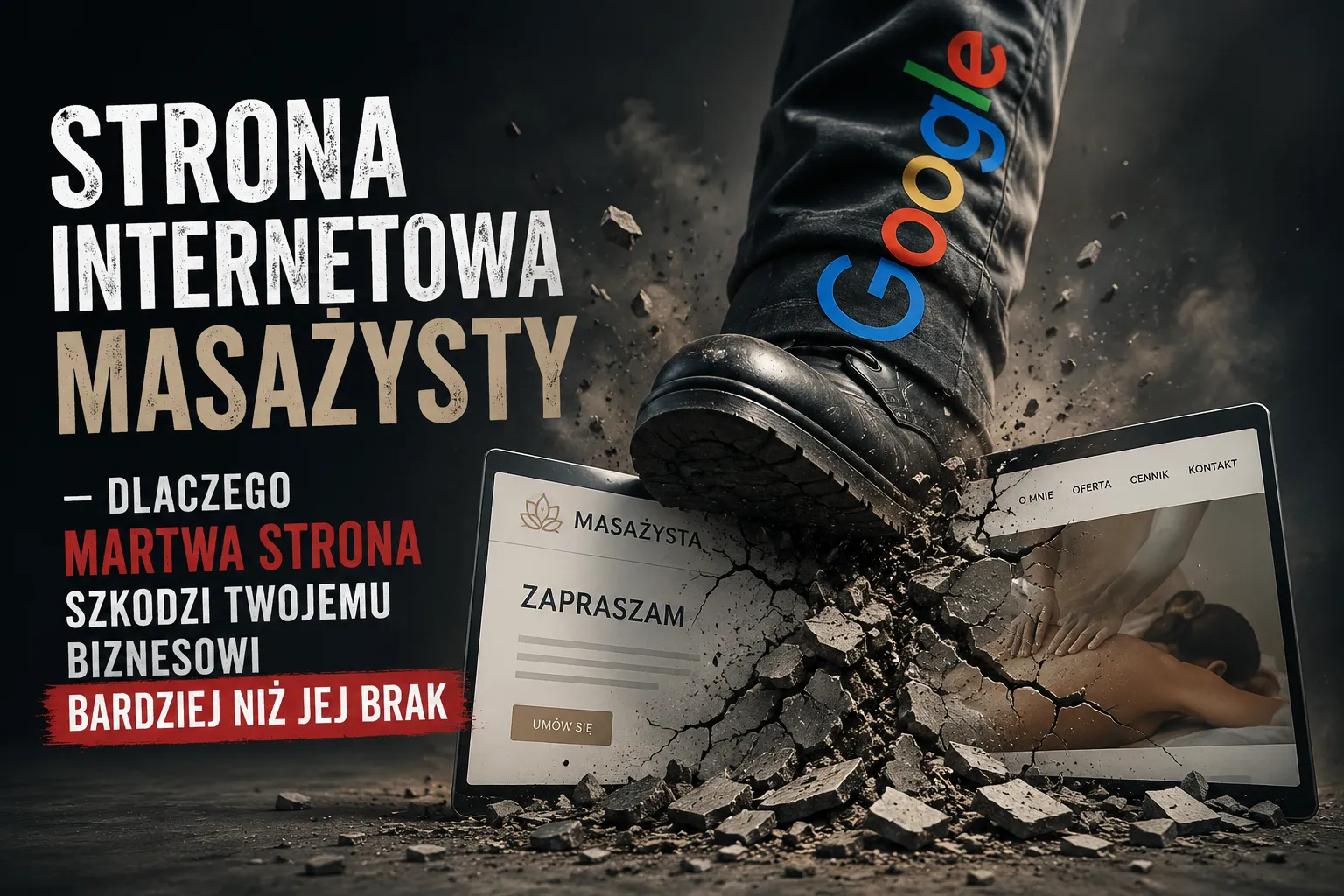 Strona internetowa masażysty miażdżona przez logo Google – wizualizacja jak martwa strona szkodzi biznesowi gabinetu masażu