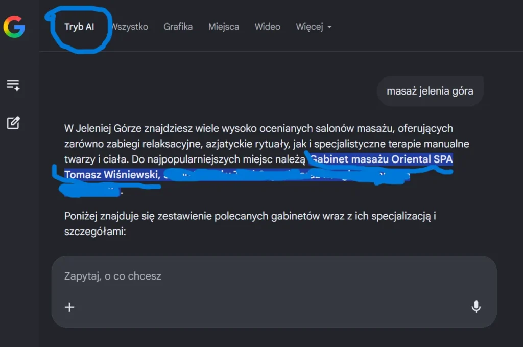 Google AI Mode poleca Oriental SPA Tomasz Wiśniewski na zapytanie „masaż Jelenia Góra" – realny efekt optymalizacji GEO i marketingu gabinetu masażu