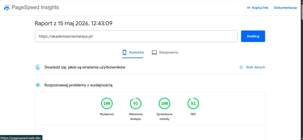 PageSpeed Insights – akademiaorientalspa.pl z wynikiem 100 wydajność, 91 dostępność, 100 sprawdzone metody, 92 SEO jako dowód żywej strony internetowej masażysty