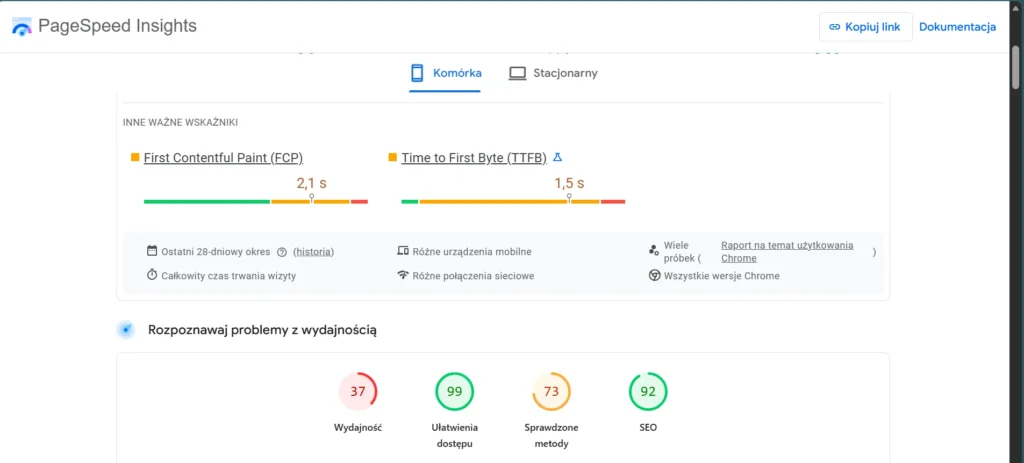 PageSpeed Insights – przykład martwej strony internetowej masażysty z wynikiem 37 wydajności i niezaliczonymi Core Web Vitals