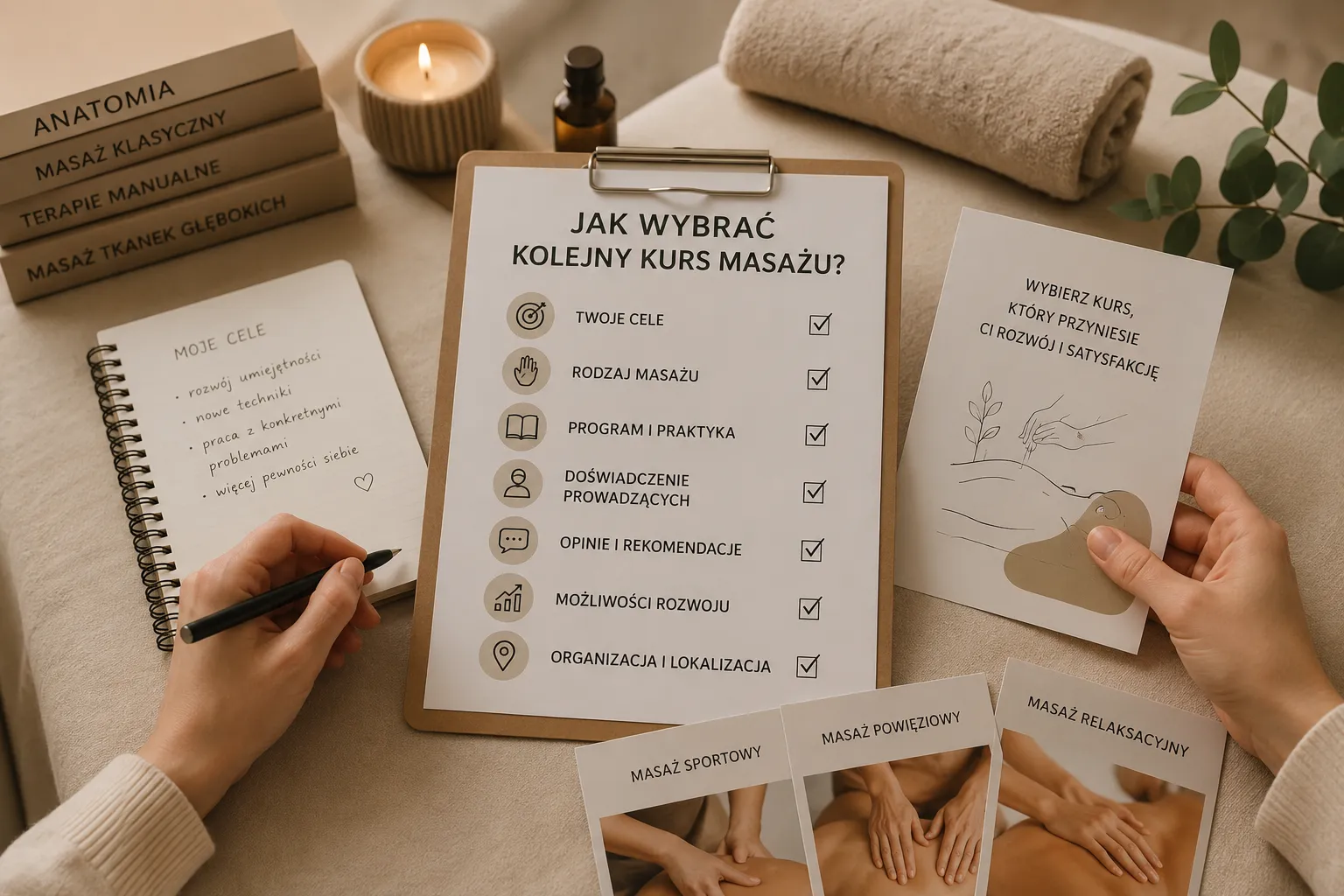 Jak wybrać kolejny kurs masażu – checklist z 7 kryteriami wyboru szkolenia dla terapeuty, plan rozwoju i specjalizacje