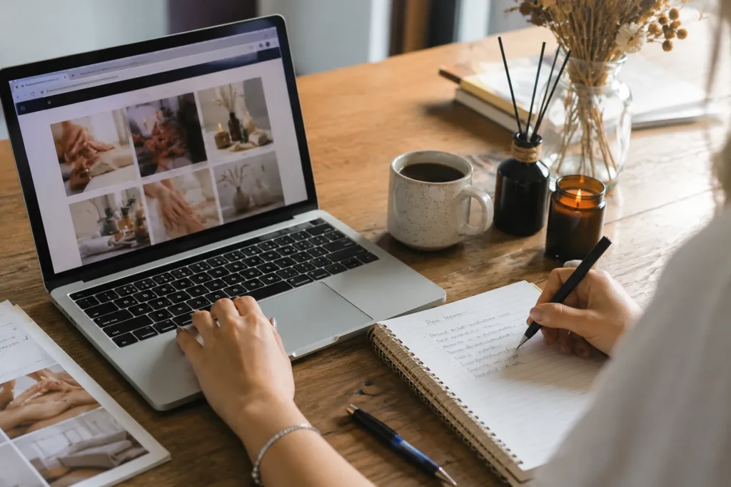 Marketing gabinetu masażu w praktyce – planowanie strategii przy laptopie, research inspiracji wizualnej i notatki w planie marketingowym dla branży wellness