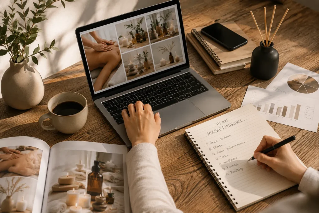 Marketing gabinetu masażu – plan marketingowy w notesie z grupą docelową, ofertą i strategią treści, planowanie przy laptopie i analiza wyników