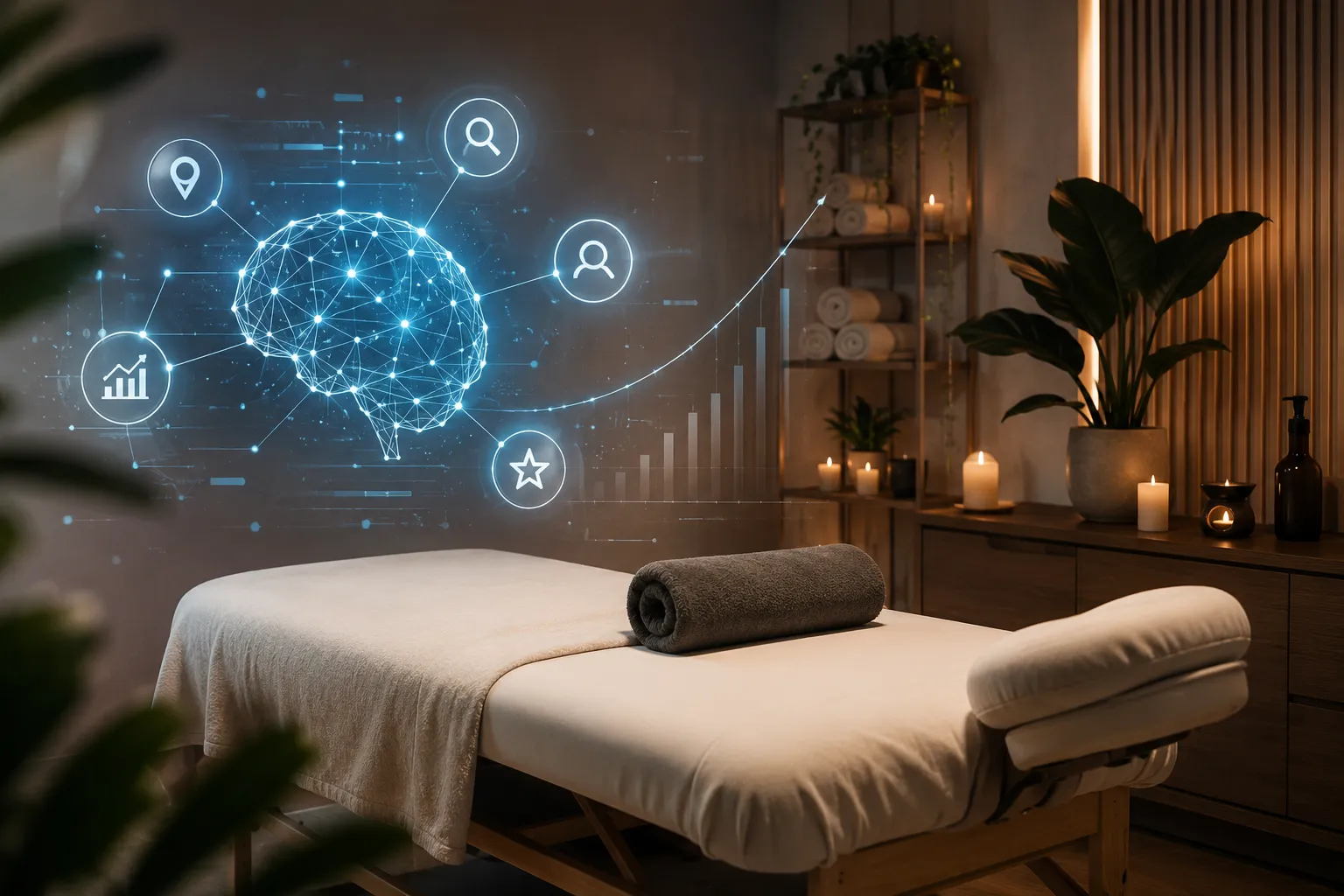 AI w marketingu gabinetu masażu – łóżko SPA i wizualizacja AI: mózg, ikony SEO, wykres wzrostu, opinie klientów.