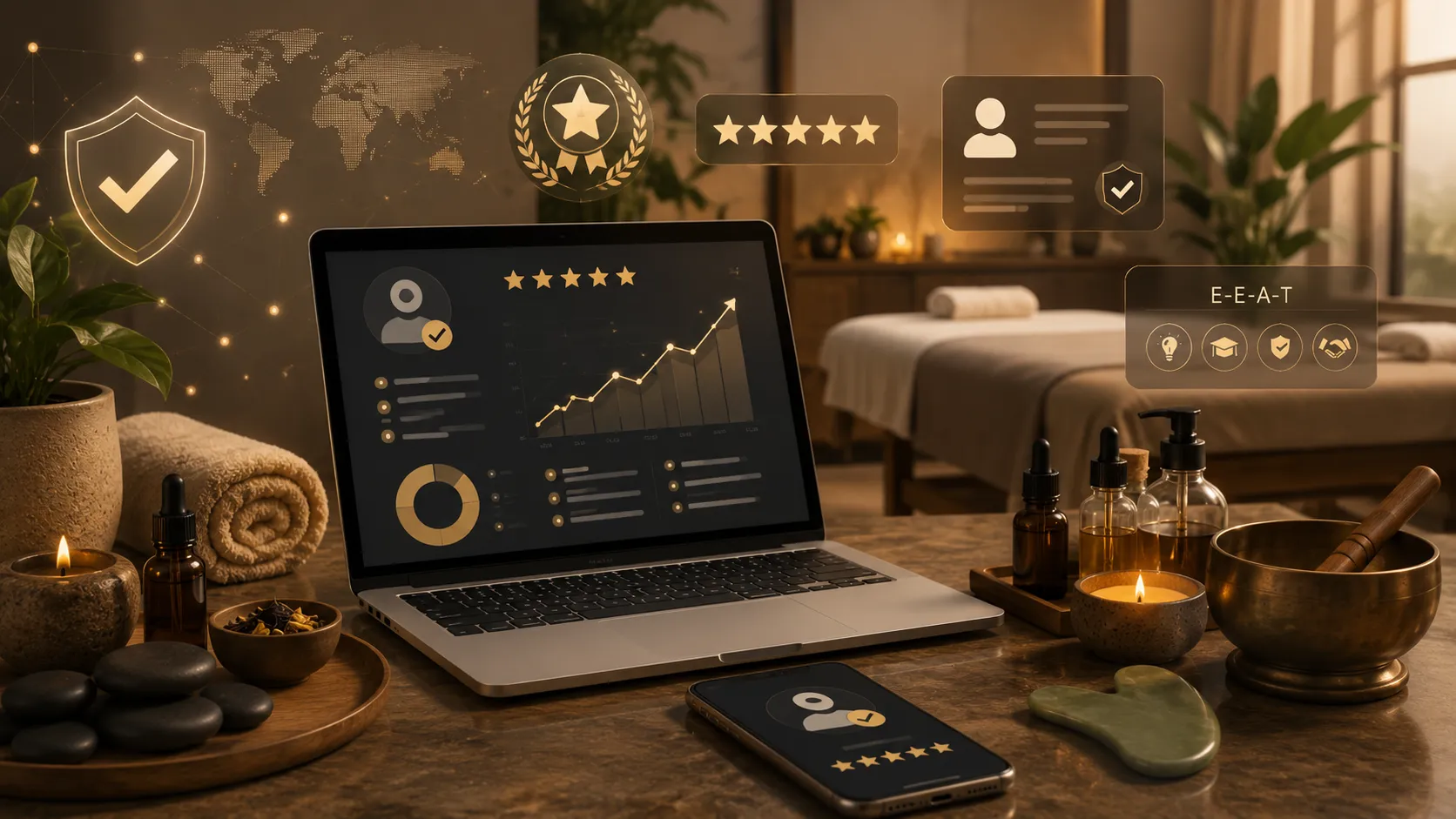 Budowanie autorytetu eksperta w branży wellness – laptop, analityka, opinie, E-E-A-T. Akademia Oriental SPA.