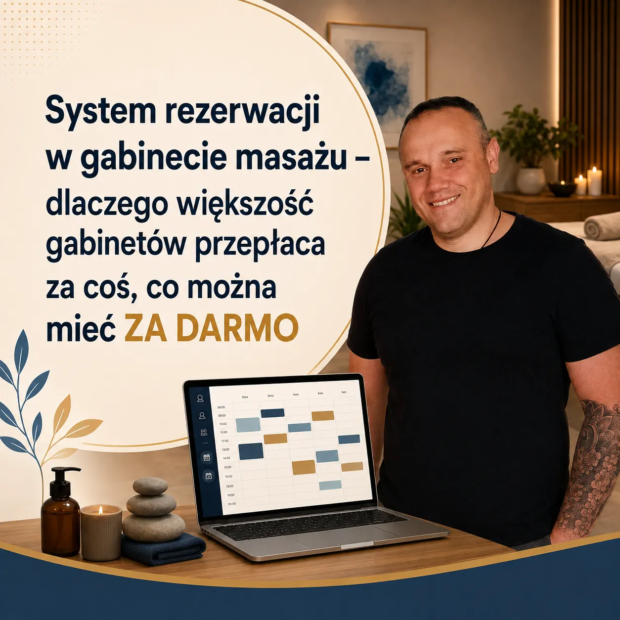 Tomasz Wiśniewski z Akademii Oriental SPA przy laptopie z kalendarzem rezerwacji, w tle gabinet masażu ze świecami i kamieniami