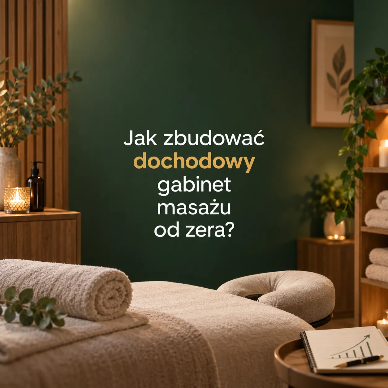 Gabinet masażu ze stołem, ręcznikami i wykresem wzrostu – wizualizacja budowania dochodowego gabinetu masażu od zera