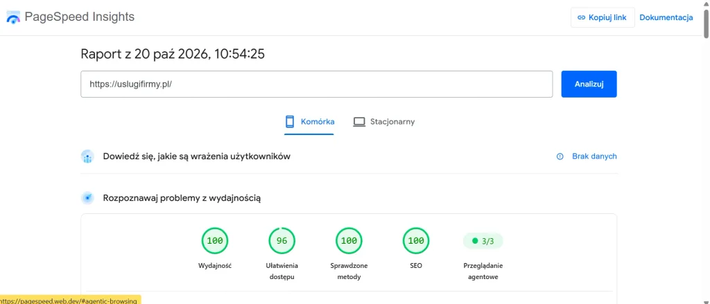 Wyniki mobilne uslugifirmy.pl – maksymalna ocena wydajności i SEO w przeprowadzonym teście.